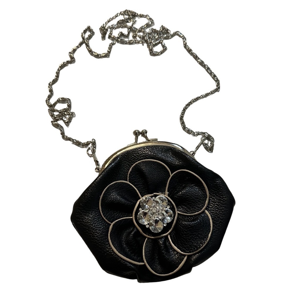 Retro Black Floral Clutch Wallet Purse Mini Bag Silver Chain Floral Rhinestones